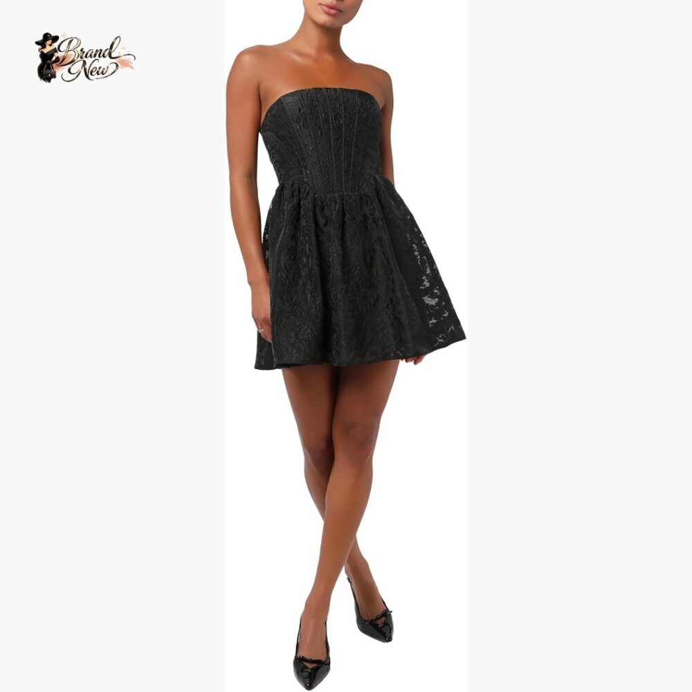 Strapless Jacquard Mini Dress With Lace-Up Back, A-Line Skirt, Holiday Party